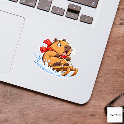 Capybara Gripping Sled Reins Vinyl Sticker, Cute Winter Sled Lesson Decal