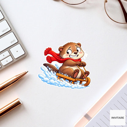 Otter Clutching Tiny Sled Vinyl Sticker, Cute Winter Sled Lesson Decal