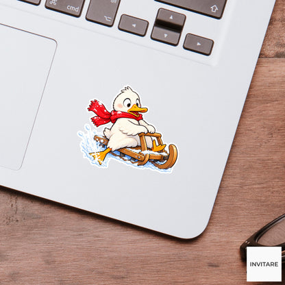 Duck Braking Sled With One Foot Vinyl Sticker, Cute Winter Sled Lesson Decal