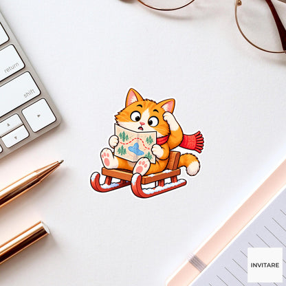 Confused Cat Reading Sled Map Vinyl Sticker, Cute Winter Sled Lesson Decal