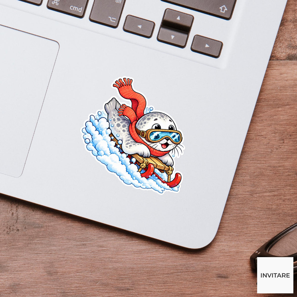 Seal Sledding In Huge Goggles Vinyl Sticker, Cute Winter Sled Lesson Decal