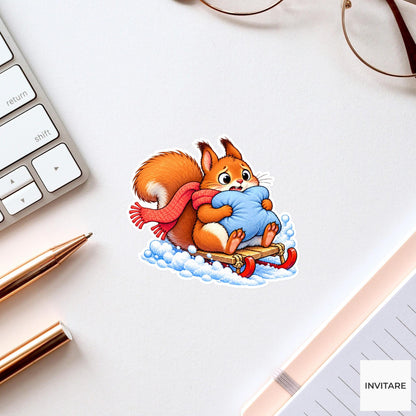 Squirrel Hugging Sled Cushion Vinyl Sticker, Cute Winter Sled Lesson Decal