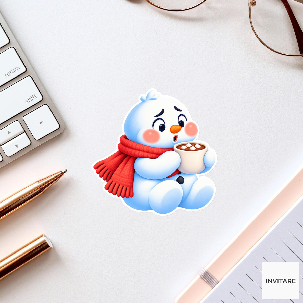 Snowman Blowing On Hot Cocoa Vinyl Sticker, Cute Icy Winter Cartoon Decal