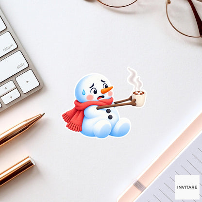 Snowman Holding Cocoa Far Away Vinyl Sticker, Cute Icy Winter Cartoon Decal