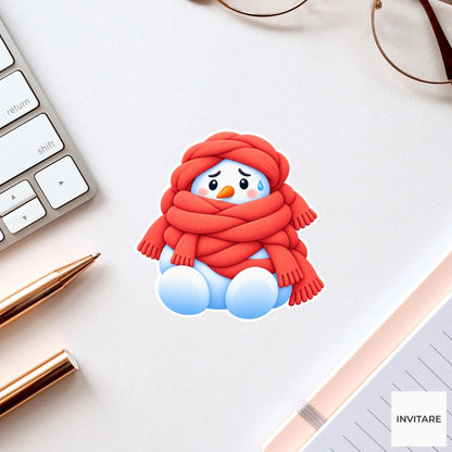 Snowman Buried Under Scarves Vinyl Sticker, Cute Icy Winter Cartoon Decal