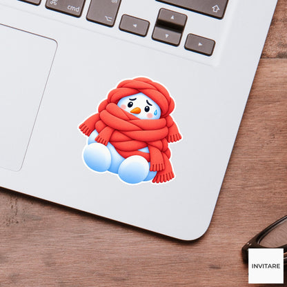 Snowman Buried Under Scarves Vinyl Sticker, Cute Icy Winter Cartoon Decal