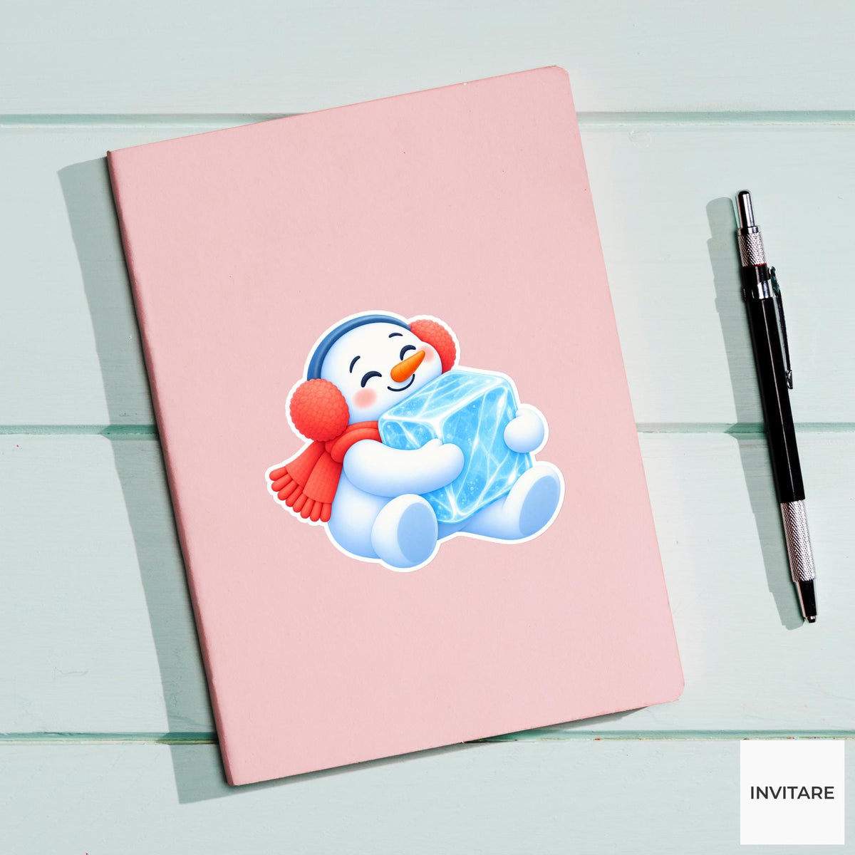 Snowman In Earmuffs Hugging Ice Vinyl Sticker, Cute Icy Winter Cartoon Decal