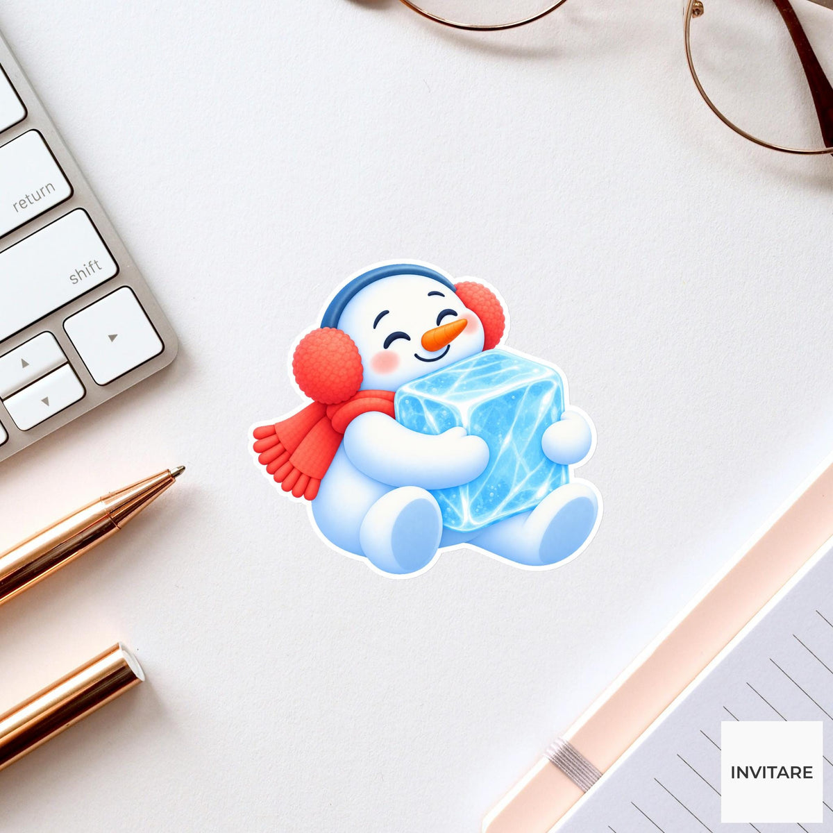 Snowman In Earmuffs Hugging Ice Vinyl Sticker, Cute Icy Winter Cartoon Decal
