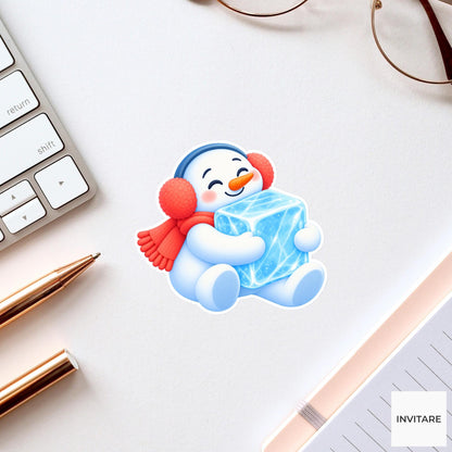 Snowman In Earmuffs Hugging Ice Vinyl Sticker, Cute Icy Winter Cartoon Decal