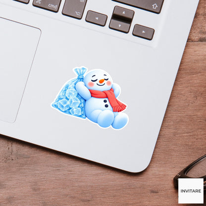 Snowman Reclining Beside Ice Bag Vinyl Sticker, Cute Icy Winter Cartoon Decal
