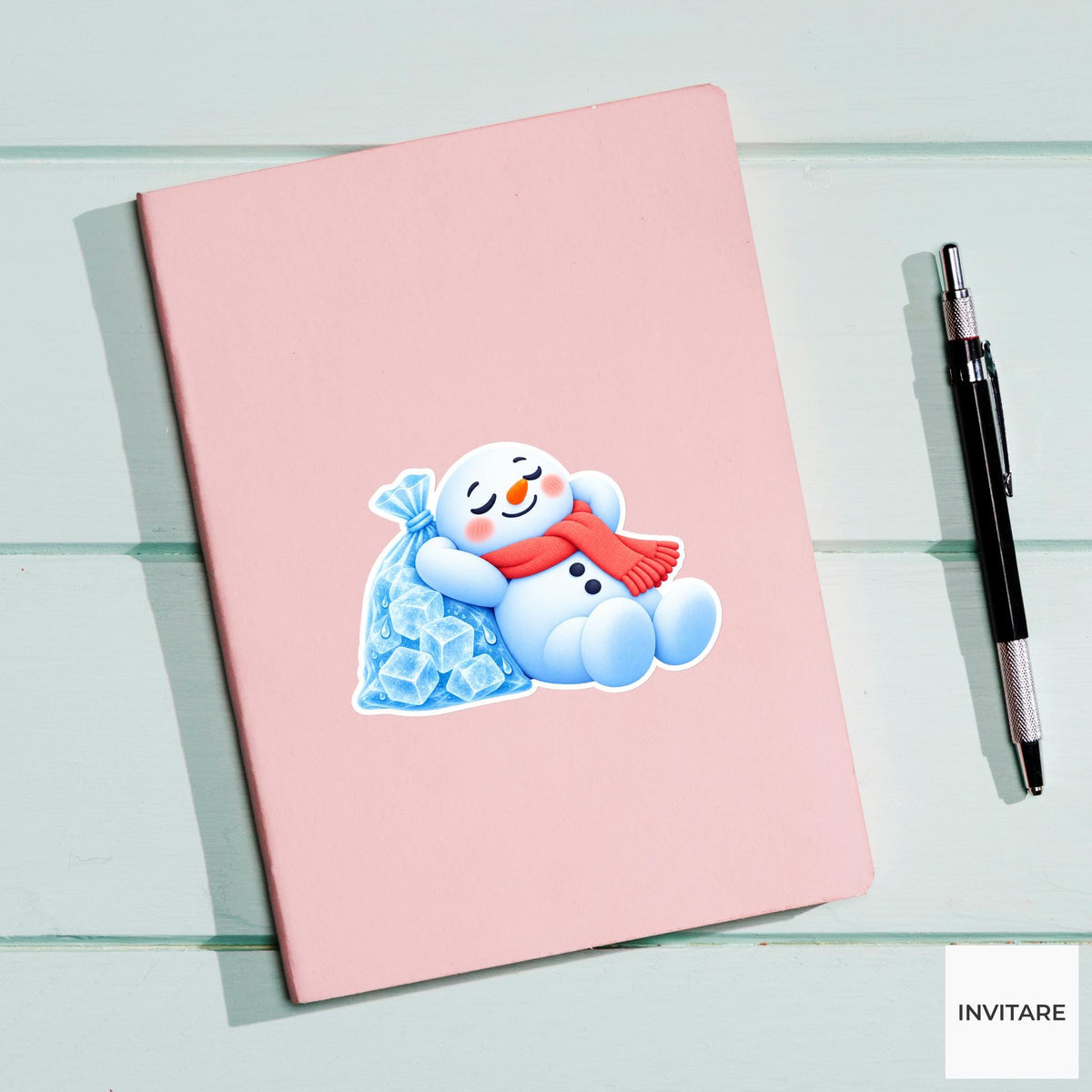 Snowman Reclining Beside Ice Bag Vinyl Sticker, Cute Icy Winter Cartoon Decal