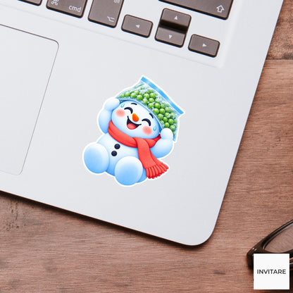 Snowman Wearing Frozen Peas Hat Vinyl Sticker, Cute Icy Winter Cartoon Decal