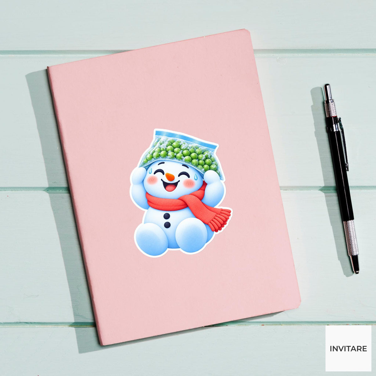 Snowman Wearing Frozen Peas Hat Vinyl Sticker, Cute Icy Winter Cartoon Decal