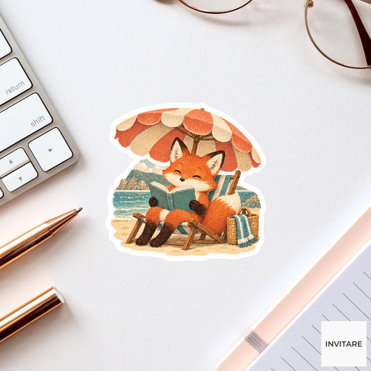 Fox Reading under Beach Parasol Vinyl Sticker, Cute Vacation Animal Decal