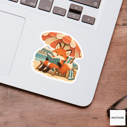 Fox Reading under Beach Parasol Vinyl Sticker, Cute Vacation Animal Decal