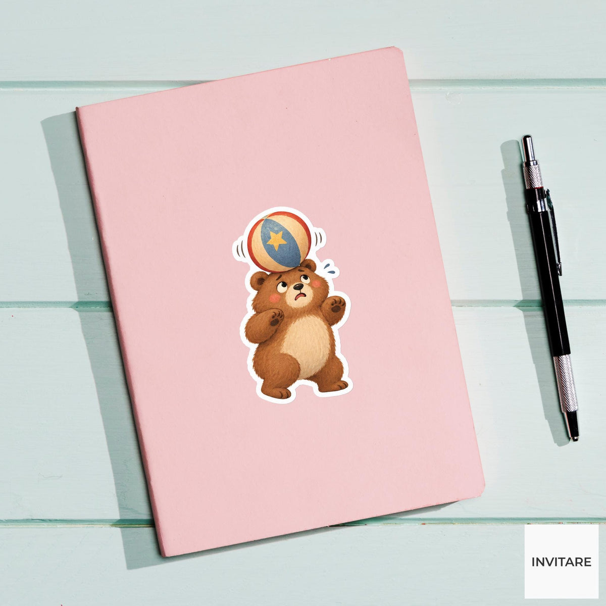Bear balancing a soft ball on its head with nervous eyes Vinyl Sticker