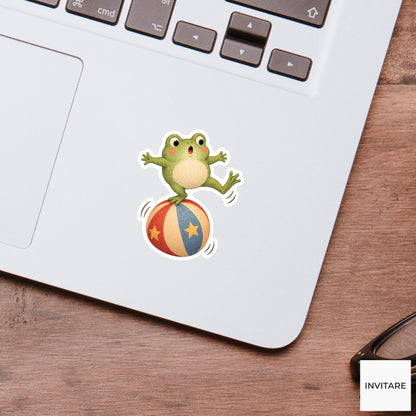 Frog stretching one leg from a tilted circus ball Vinyl Sticker