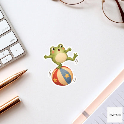 Frog stretching one leg from a tilted circus ball Vinyl Sticker