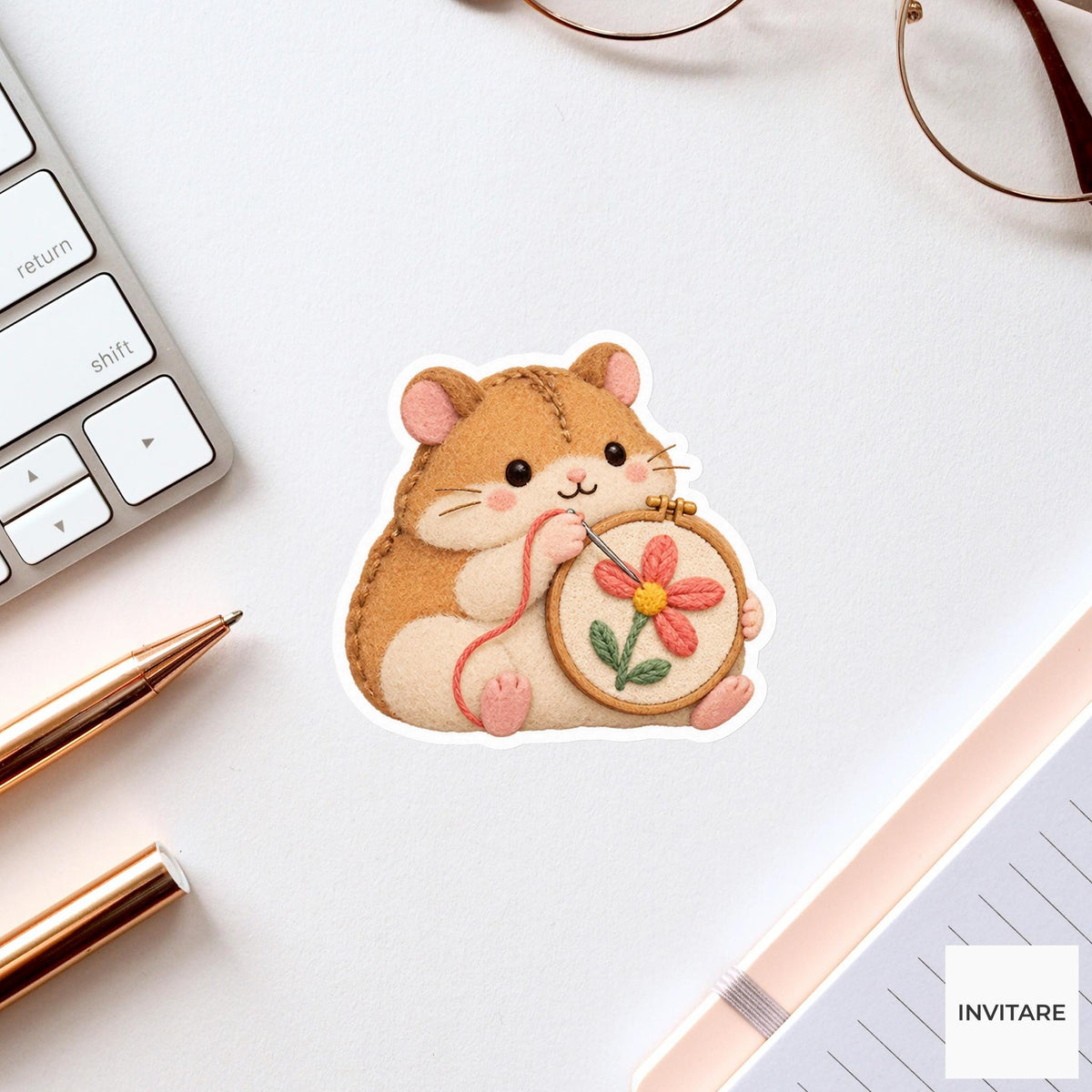 Hamster trying to stitch a flower with a petal pointing sideways Vinyl Sticker