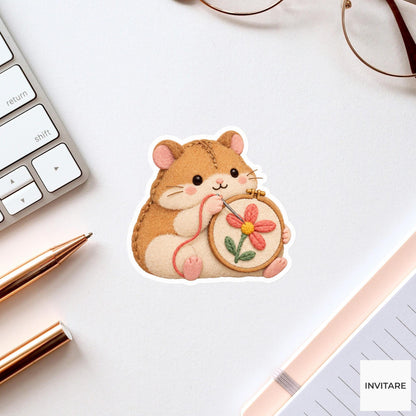 Hamster trying to stitch a flower with a petal pointing sideways Vinyl Sticker