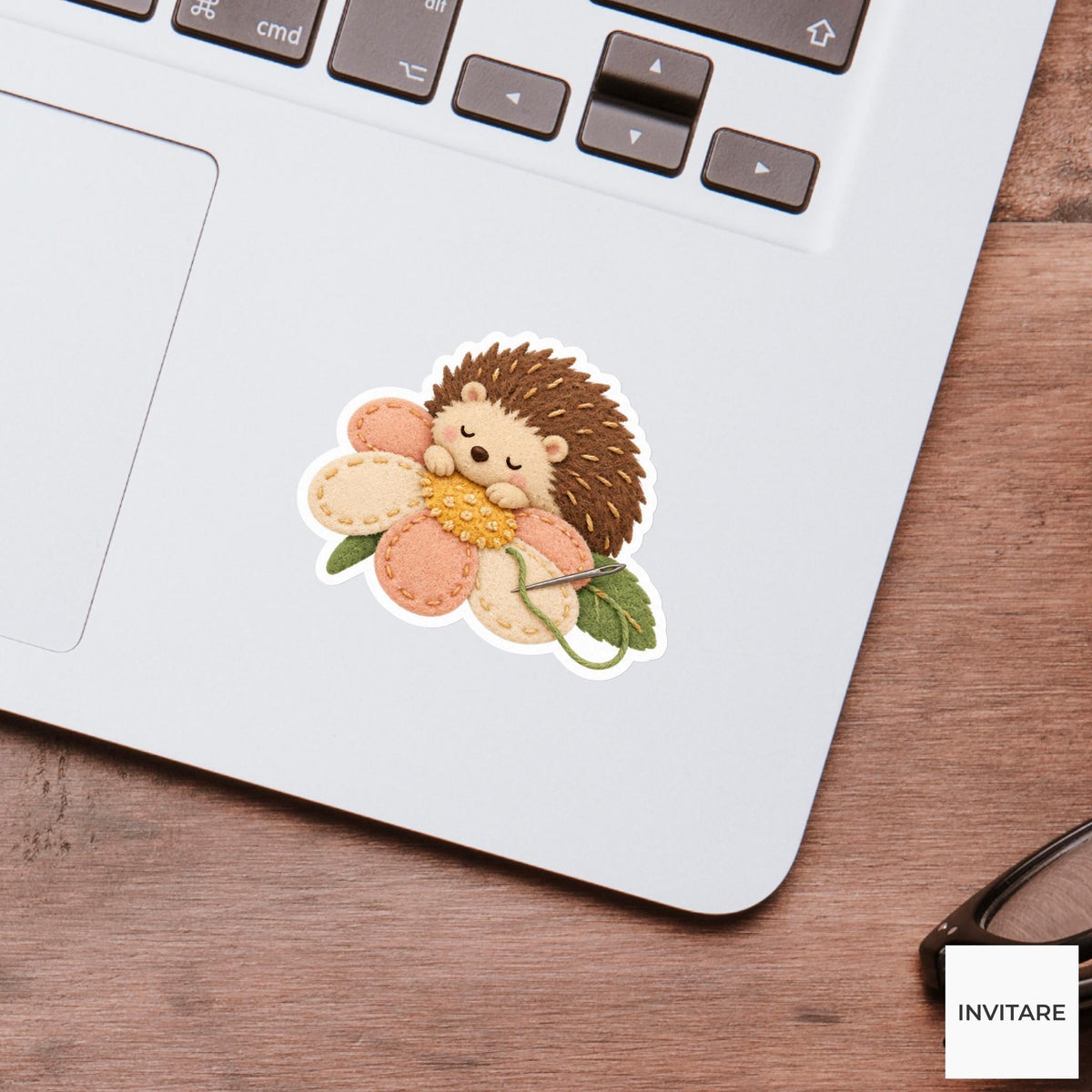 Hedgehog napping on an unfinished stitched flower Vinyl Sticker