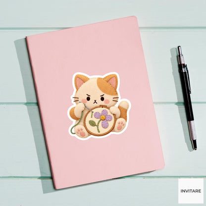 Cat stitching a crooked flower with a very serious face Vinyl Sticker