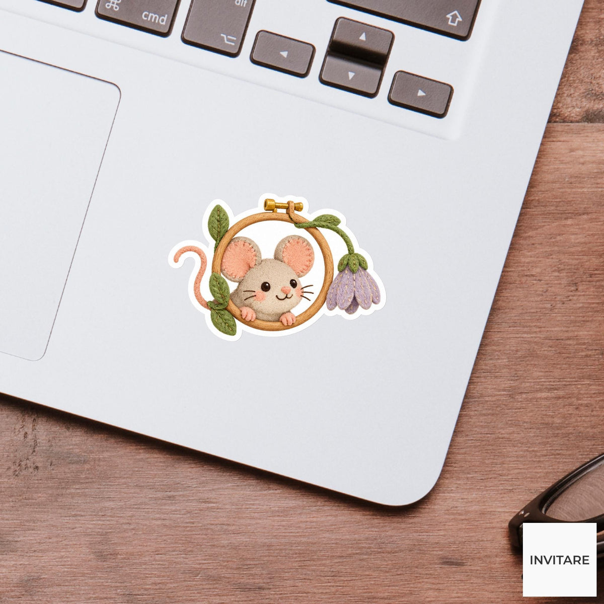 Mouse peeking through a hoop with a bent stitched stem Vinyl Sticker