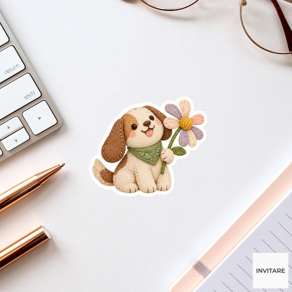 Dog proudly displaying a flower whose petals are uneven Vinyl Sticker