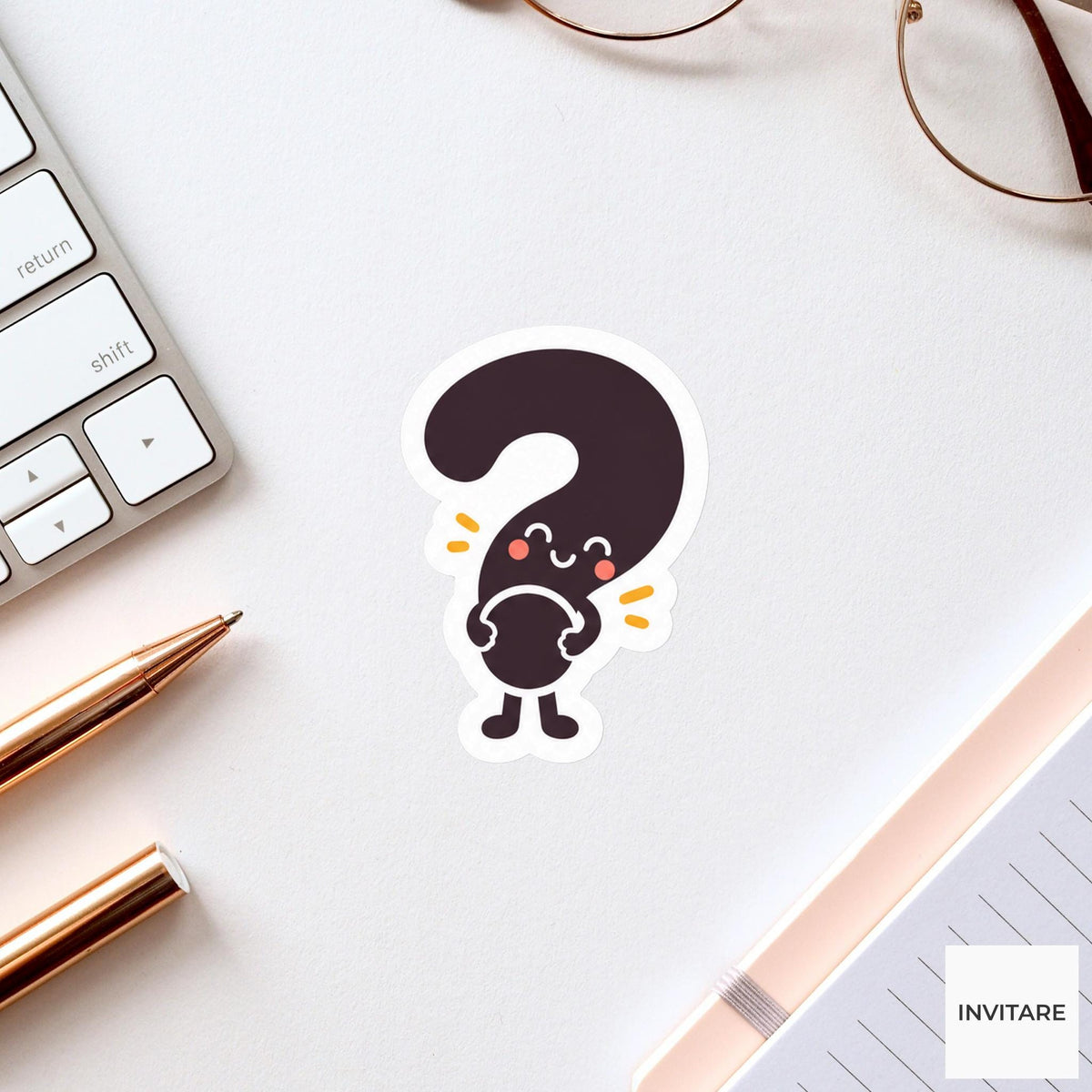 question mark holding its dot close with a shy smile Vinyl Sticker