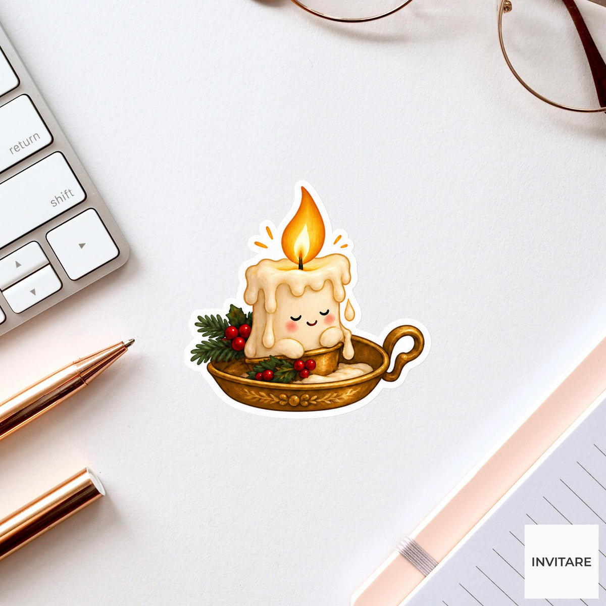 candle collecting wax drips in a small saucer Vinyl Sticker