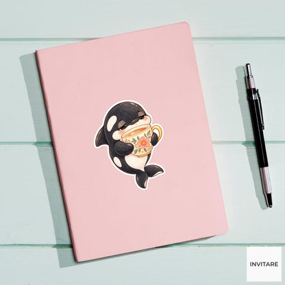Sleepy Orca Teacup Sticker, Watercolor Whale Art for Cozy Journals and Tea Lovers