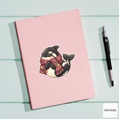 Cozy Orca Scarf Sticker, Watercolor Whale in Plum Knit for Winter Journals and Planners