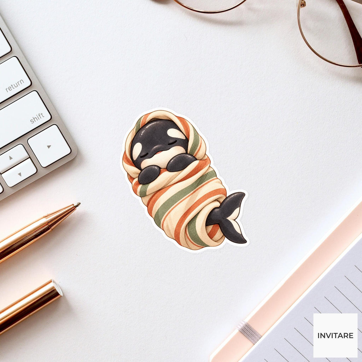 Blanket Burrito Orca Sticker, Sleepy Watercolor Whale for Cozy Planners and Animal Lover Gifts
