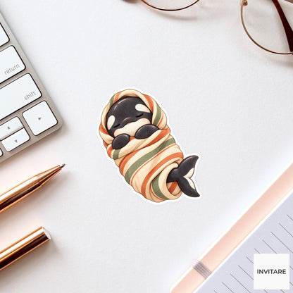 Blanket Burrito Orca Sticker, Sleepy Watercolor Whale for Cozy Planners and Animal Lover Gifts