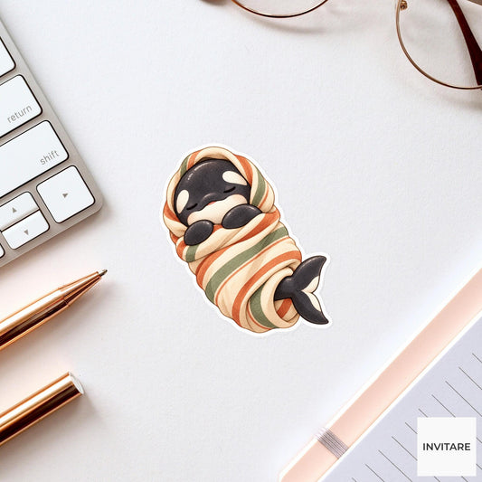 Blanket Burrito Orca Sticker, Sleepy Watercolor Whale for Cozy Planners and Animal Lover Gifts