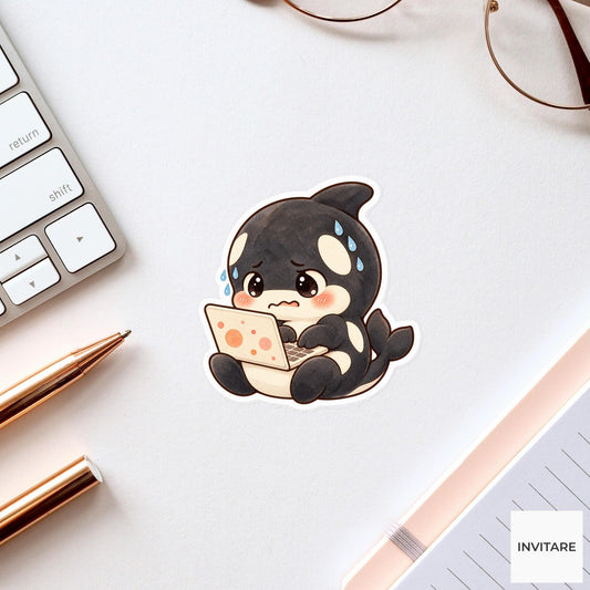Stressed Orca Laptop Sticker, Watercolor Whale for Overwhelmed Students and Funny Office Journal Decor