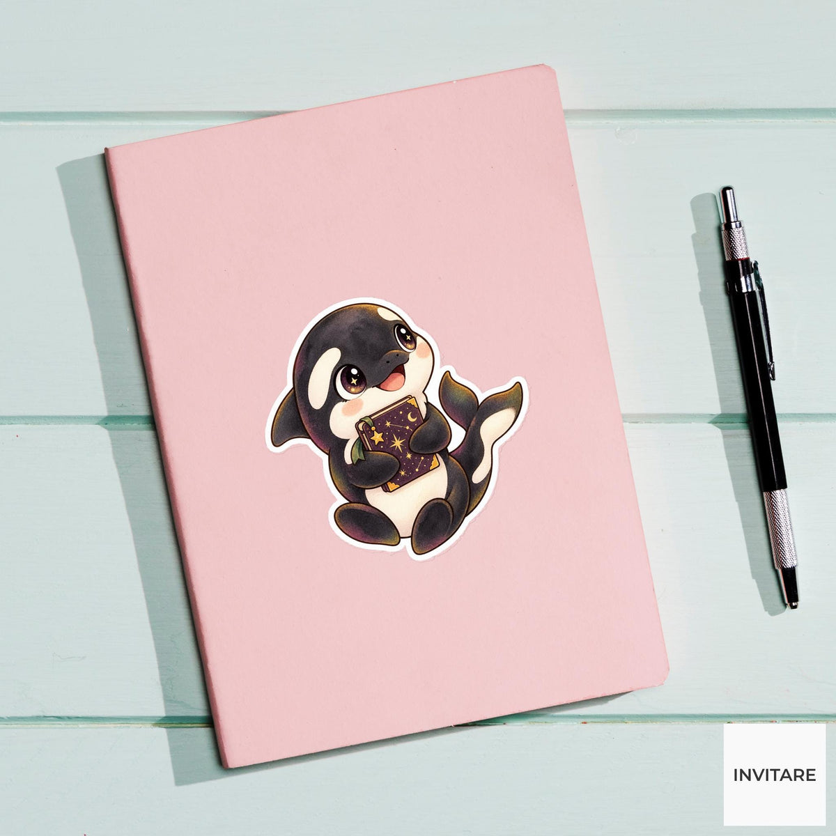 Stargazing Orca Sticker, Watercolor Whale Holding Star Chart for Celestial Journals and Astronomy Lovers