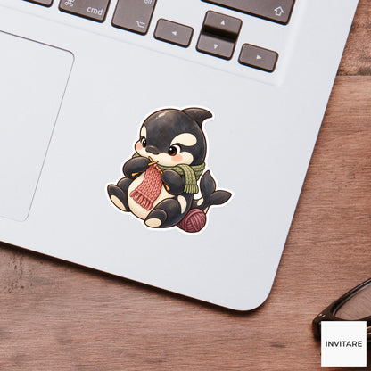 Knitting Orca Sticker, Watercolor Whale with Yarn and Scarf for Craft Journals and Knitters