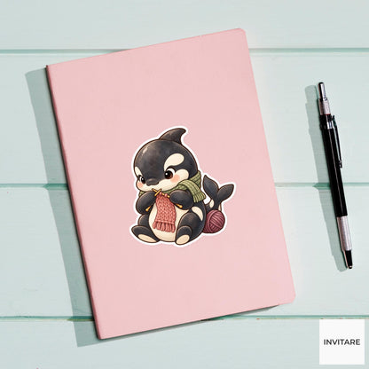 Knitting Orca Sticker, Watercolor Whale with Yarn and Scarf for Craft Journals and Knitters