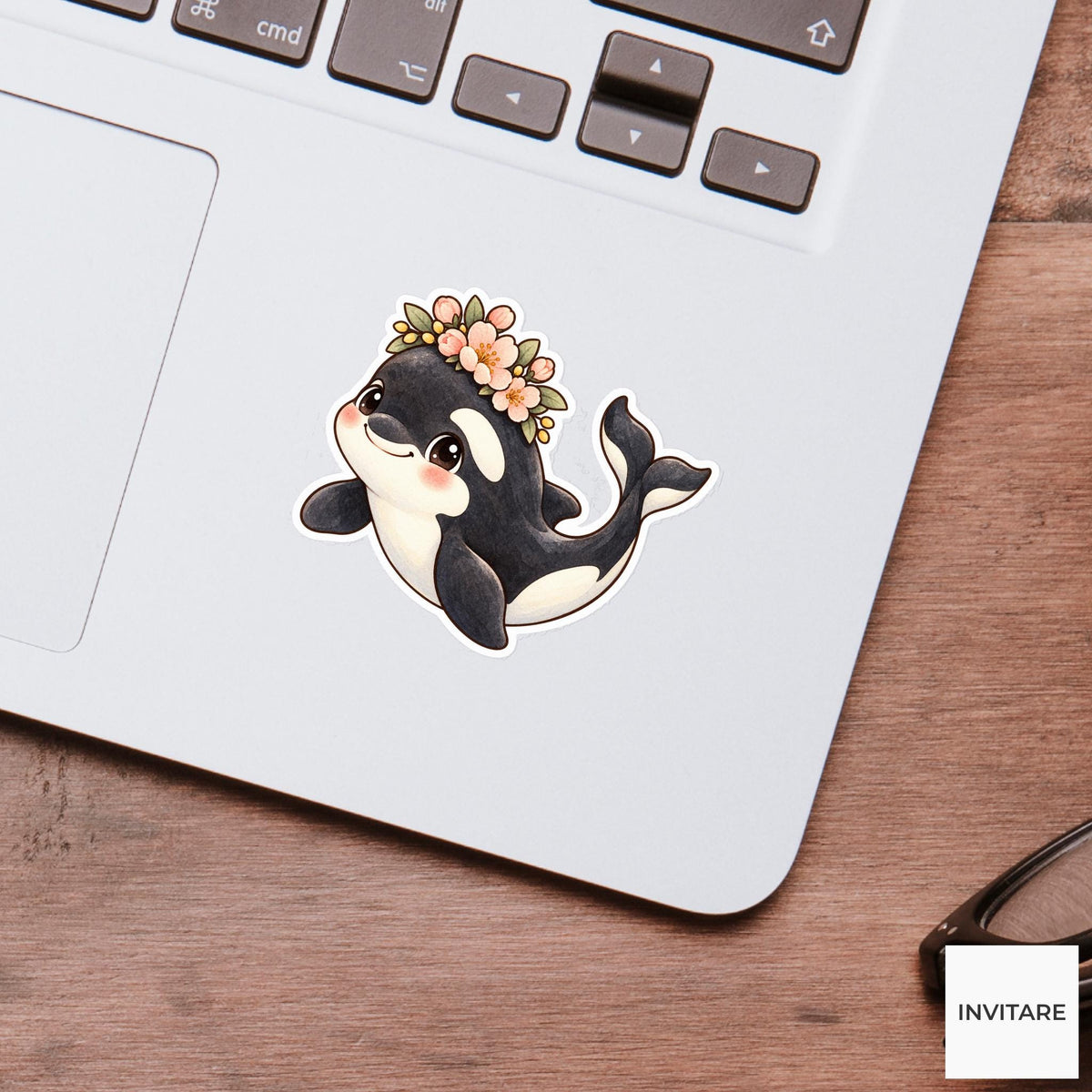 Flower Crown Orca Sticker, Watercolor Whale with Peach Blossoms for Floral Journals and Planners