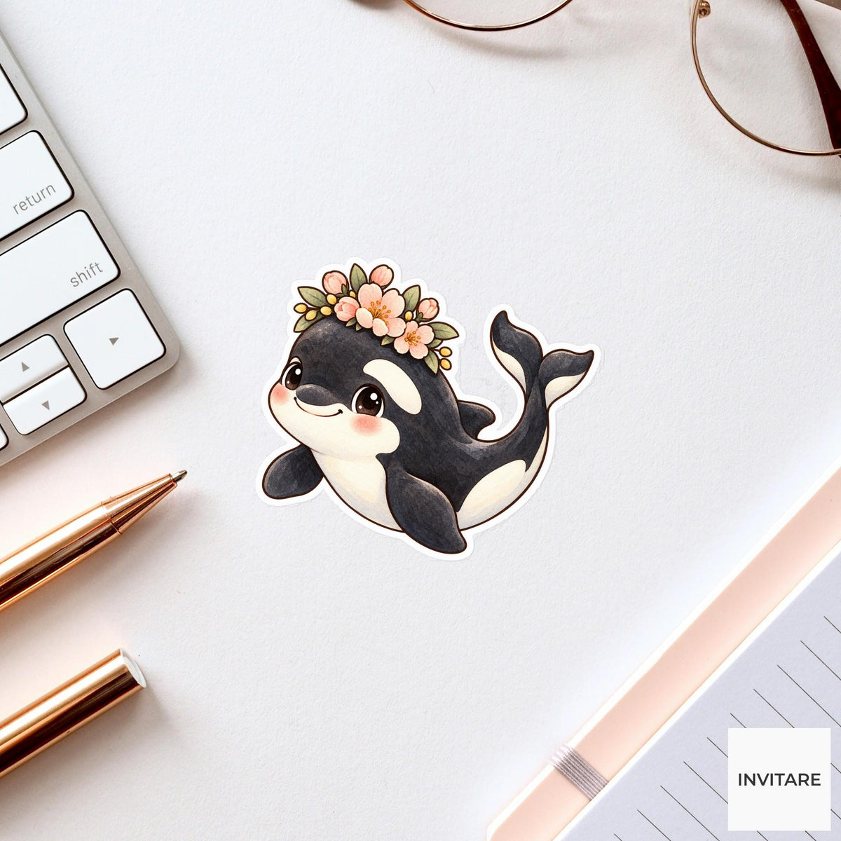 Flower Crown Orca Sticker, Watercolor Whale with Peach Blossoms for Floral Journals and Planners