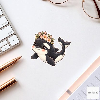 Flower Crown Orca Sticker, Watercolor Whale with Peach Blossoms for Floral Journals and Planners