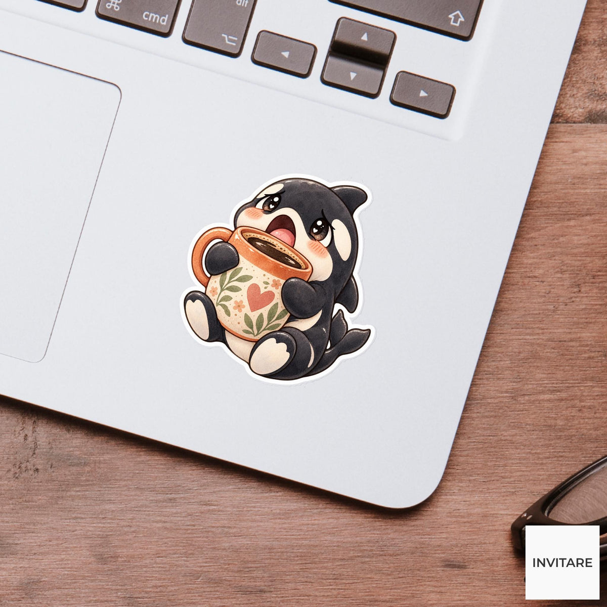 Coffee Orca Sticker, Watercolor Whale Hugging Floral Mug for Morning Journals and Caffeine Lovers