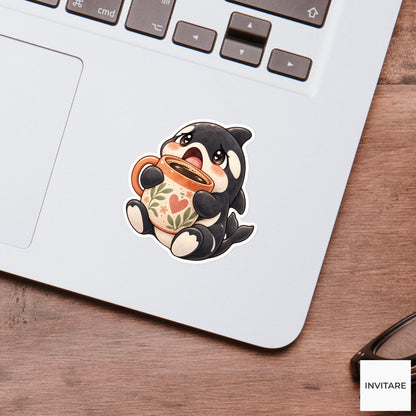 Coffee Orca Sticker, Watercolor Whale Hugging Floral Mug for Morning Journals and Caffeine Lovers