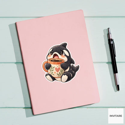 Coffee Orca Sticker, Watercolor Whale Hugging Floral Mug for Morning Journals and Caffeine Lovers
