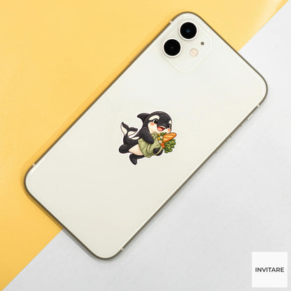 Grocery Orca Sticker, Watercolor Whale with Market Tote for Food Journals and Cute Planners