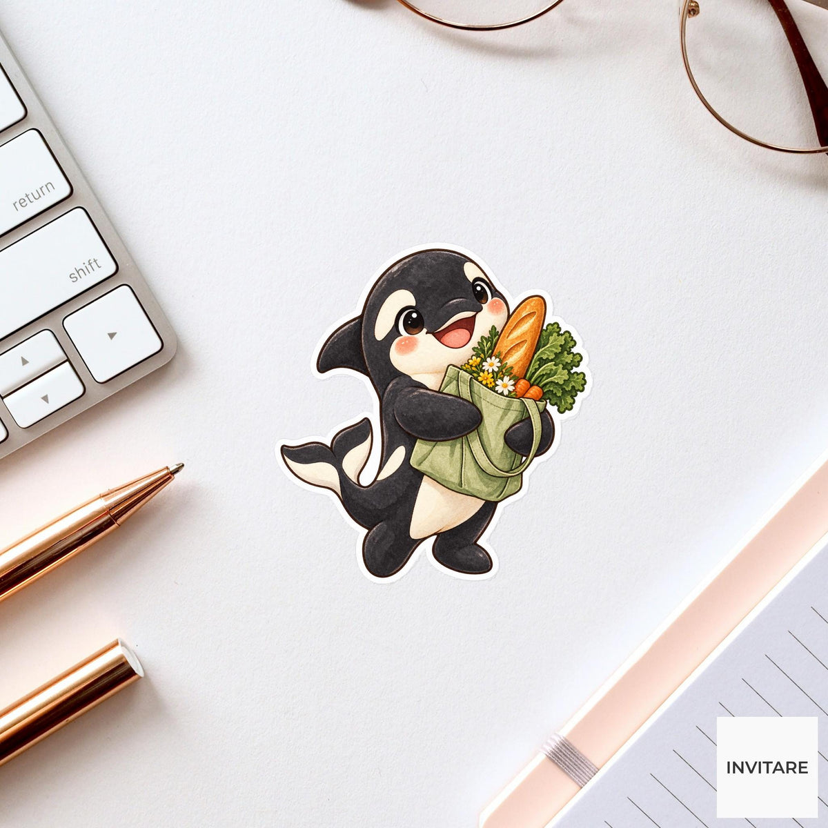 Grocery Orca Sticker, Watercolor Whale with Market Tote for Food Journals and Cute Planners