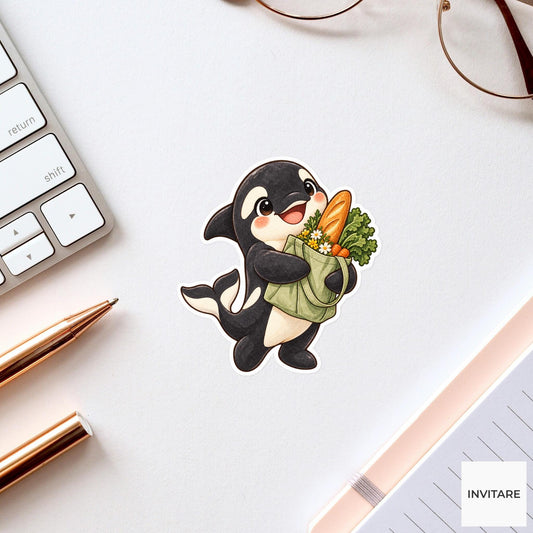 Grocery Orca Sticker, Watercolor Whale with Market Tote for Food Journals and Cute Planners