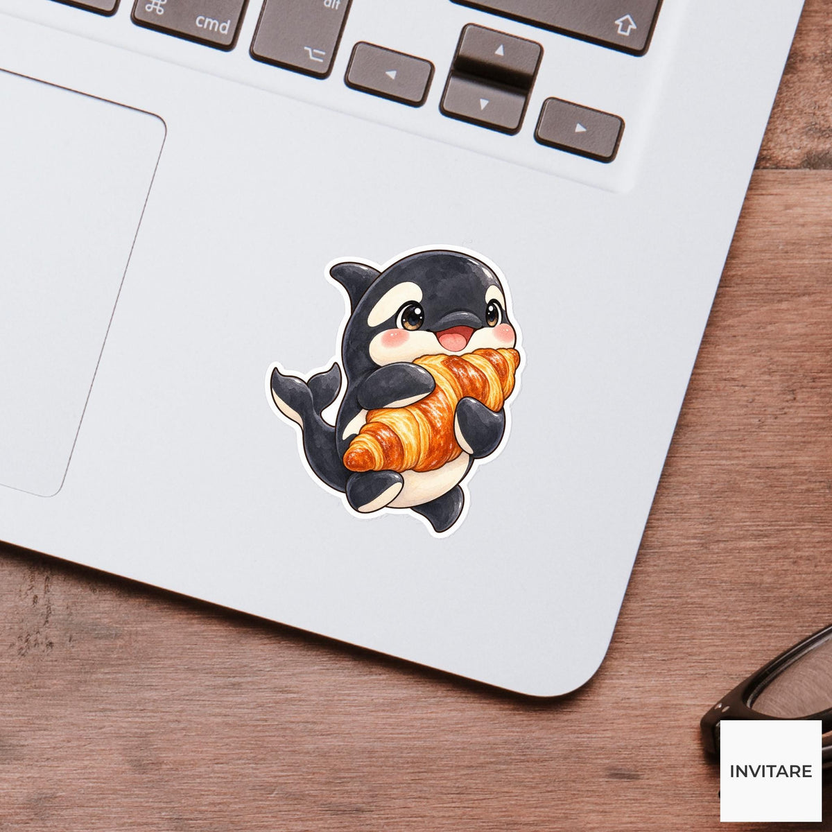 Croissant Orca Sticker, Watercolor Whale Hugging Pastry for Bakery Journals and Breakfast Lover Gifts