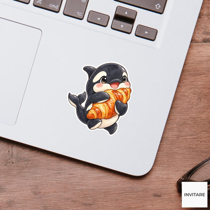 Croissant Orca Sticker, Watercolor Whale Hugging Pastry for Bakery Journals and Breakfast Lover Gifts